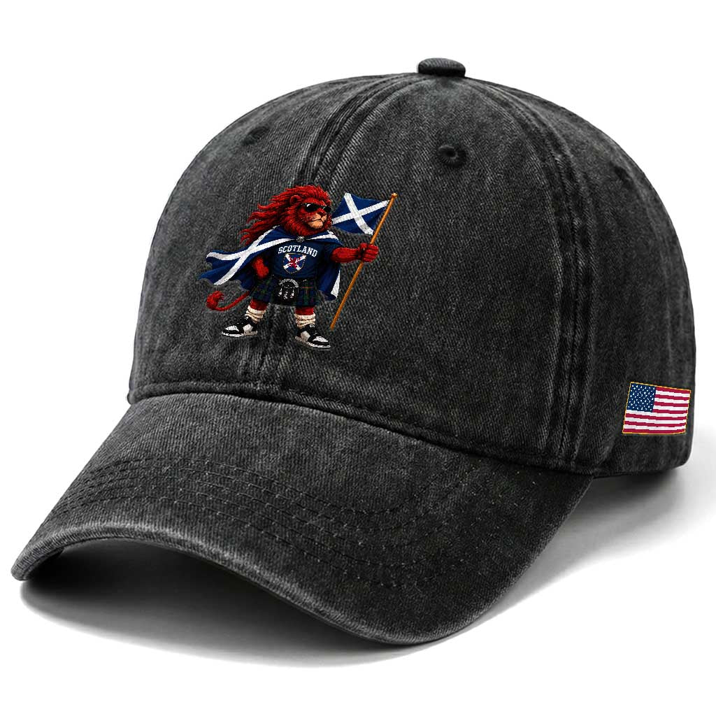 Proud Scotland Rampant Lion Washed Cotton Baseball Cap Scottish Flag Red Lion Mascot with Kilt Football Fans