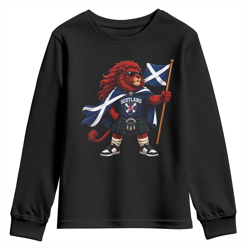 Proud Scotland Rampant Lion Youth Sweatshirt Scottish Flag Red Lion Mascot with Kilt Football Fans