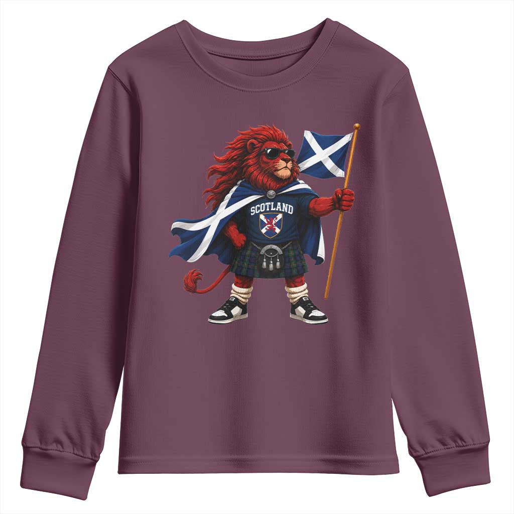 Proud Scotland Rampant Lion Youth Sweatshirt Scottish Flag Red Lion Mascot with Kilt Football Fans