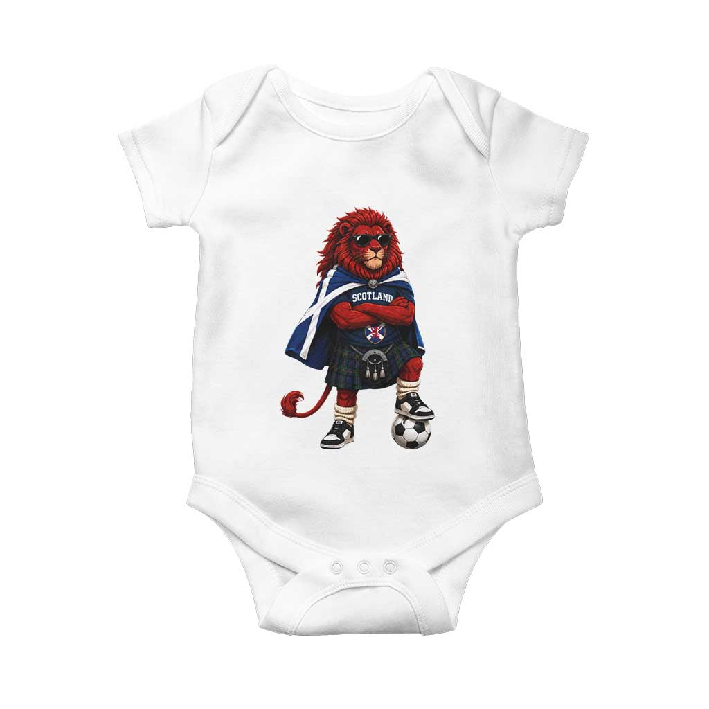 Scotland Rampant Lion Soccer Fan Baby Onesie Scottish Pride Red Lion in Kilt with Sunglasses Football