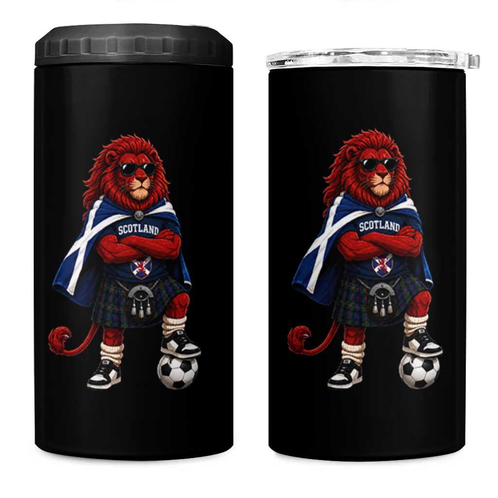 Scotland Rampant Lion Soccer Fan 4 in 1 Can Cooler Tumbler Scottish Pride Red Lion in Kilt with Sunglasses Football