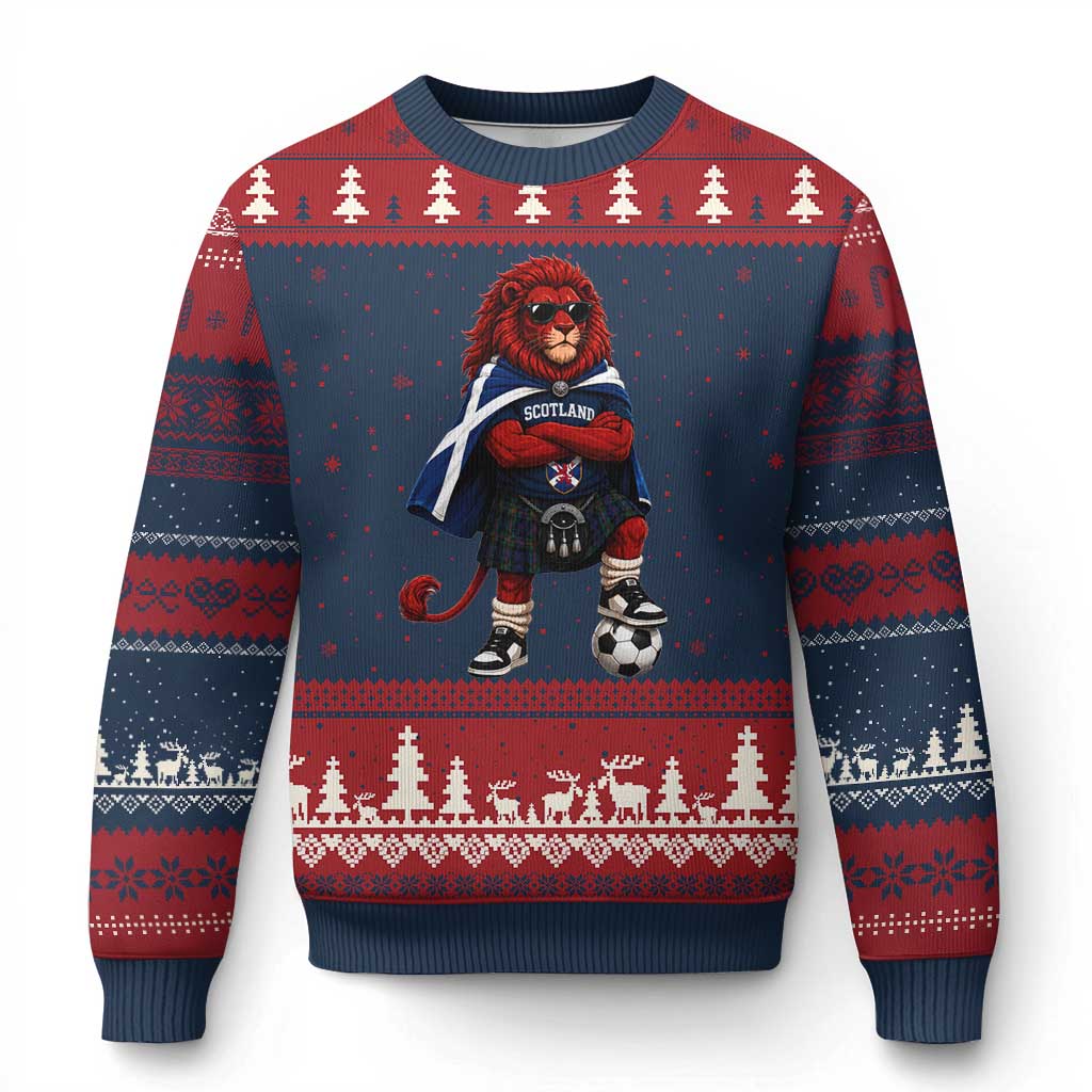 Scotland Rampant Lion Soccer Fan Ugly Christmas Sweater Scottish Pride Red Lion in Kilt with Sunglasses Football