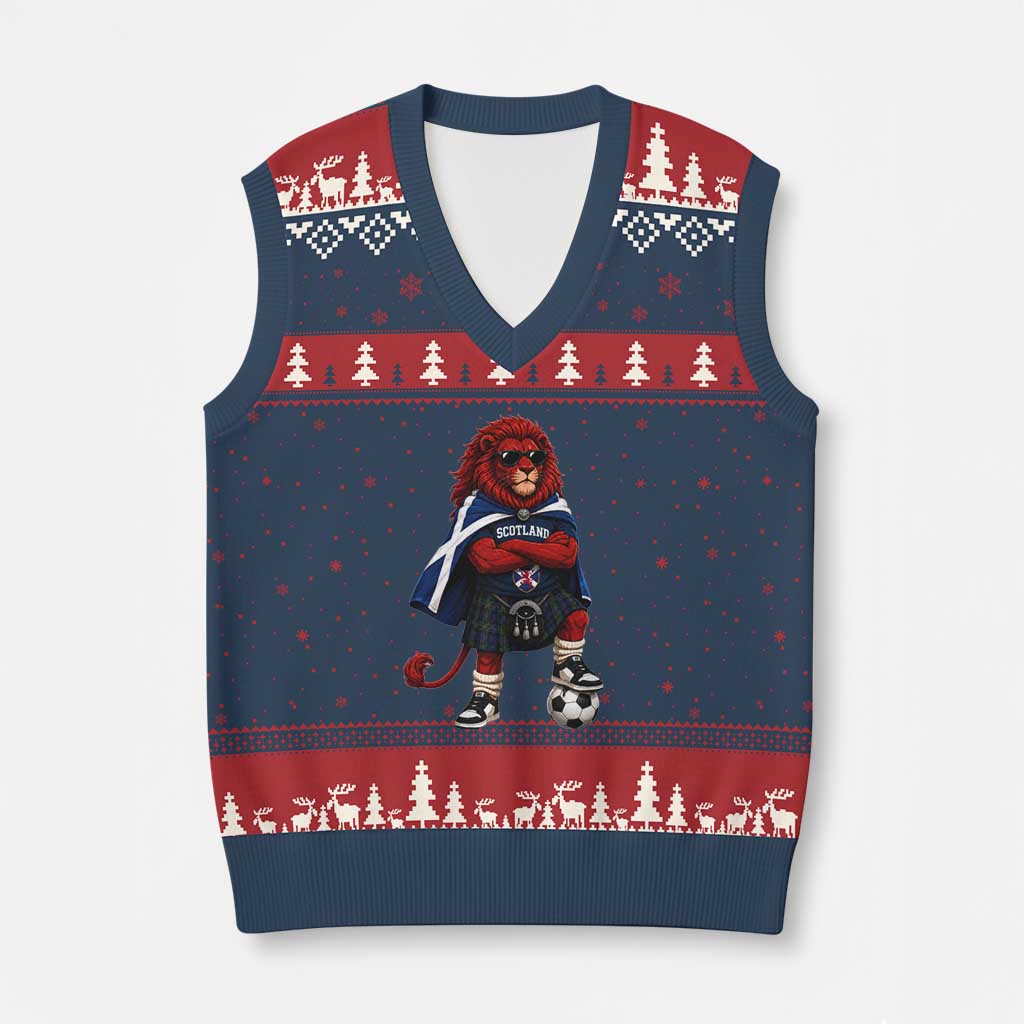 Scotland Rampant Lion Soccer Fan V-Neck Knit Sweater Vest Scottish Pride Red Lion in Kilt with Sunglasses Football