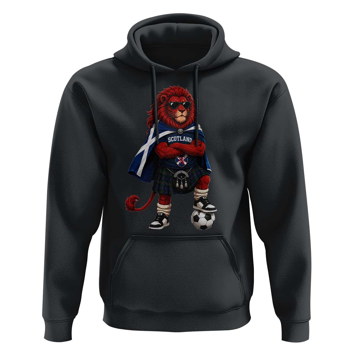 Scotland Rampant Lion Soccer Fan Hoodie Scottish Pride Red Lion in Kilt with Sunglasses Football