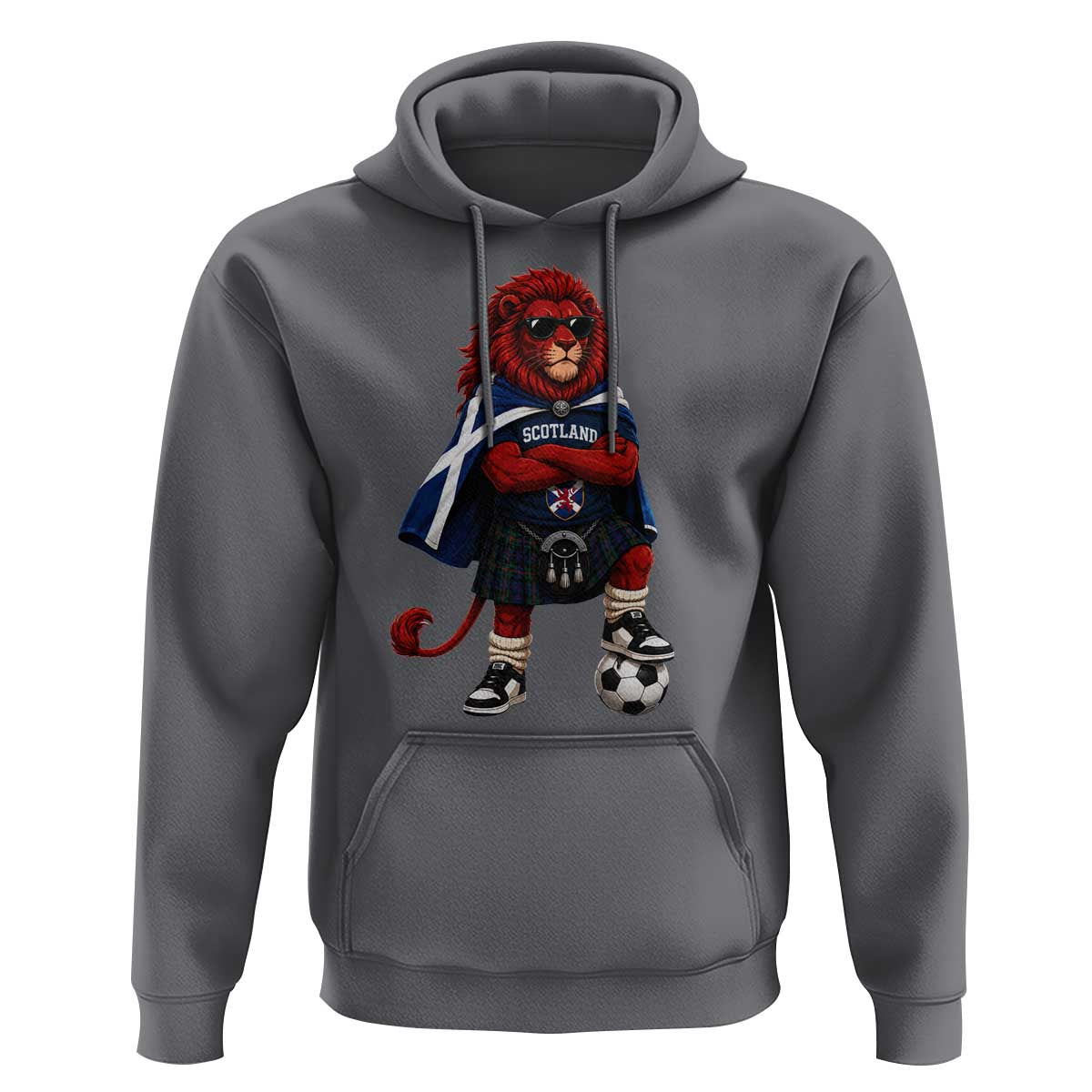 Scotland Rampant Lion Soccer Fan Hoodie Scottish Pride Red Lion in Kilt with Sunglasses Football