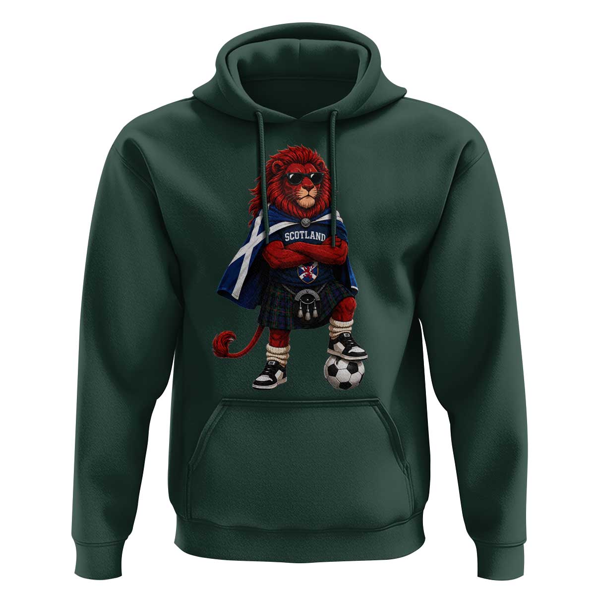 Scotland Rampant Lion Soccer Fan Hoodie Scottish Pride Red Lion in Kilt with Sunglasses Football