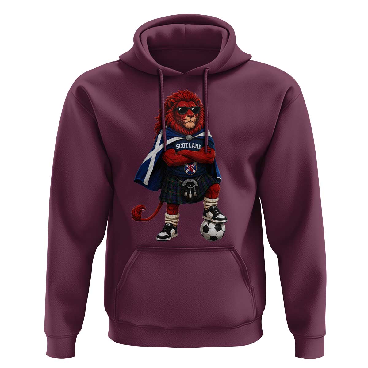 Scotland Rampant Lion Soccer Fan Hoodie Scottish Pride Red Lion in Kilt with Sunglasses Football