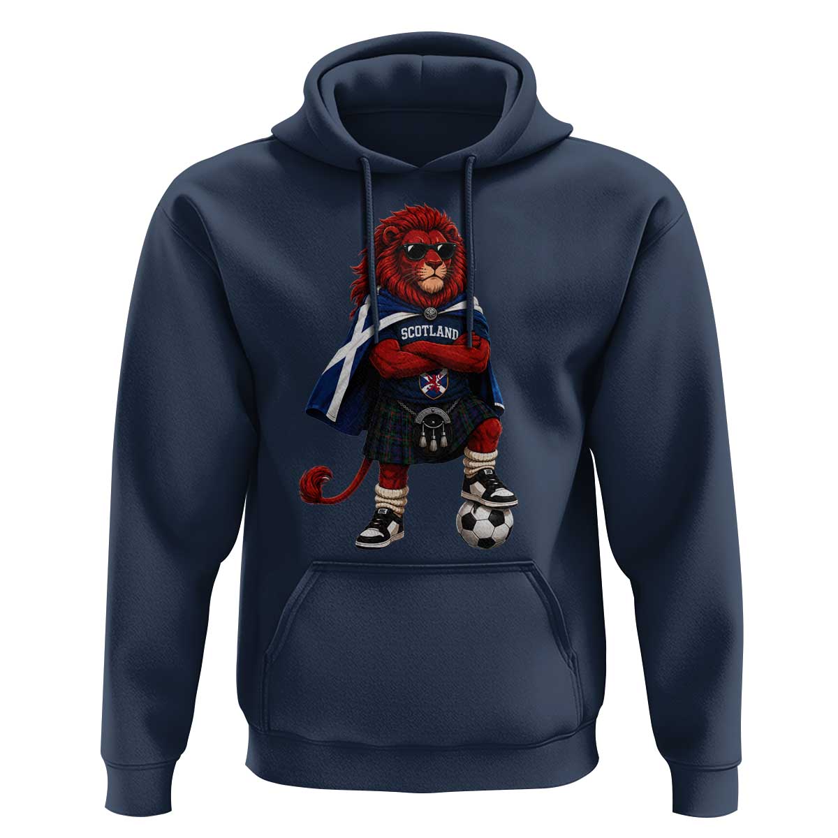 Scotland Rampant Lion Soccer Fan Hoodie Scottish Pride Red Lion in Kilt with Sunglasses Football