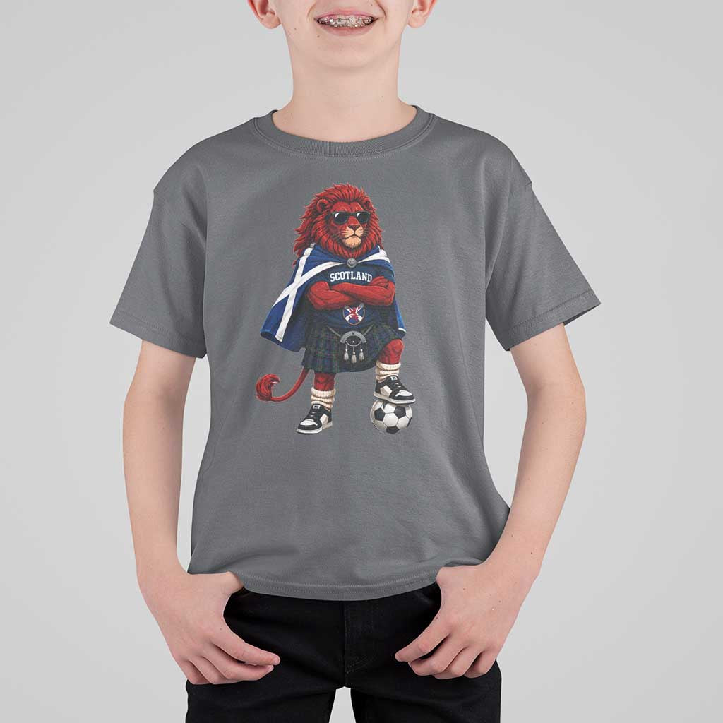Scotland Rampant Lion Soccer Fan T Shirt For Kid Scottish Pride Red Lion in Kilt with Sunglasses Football
