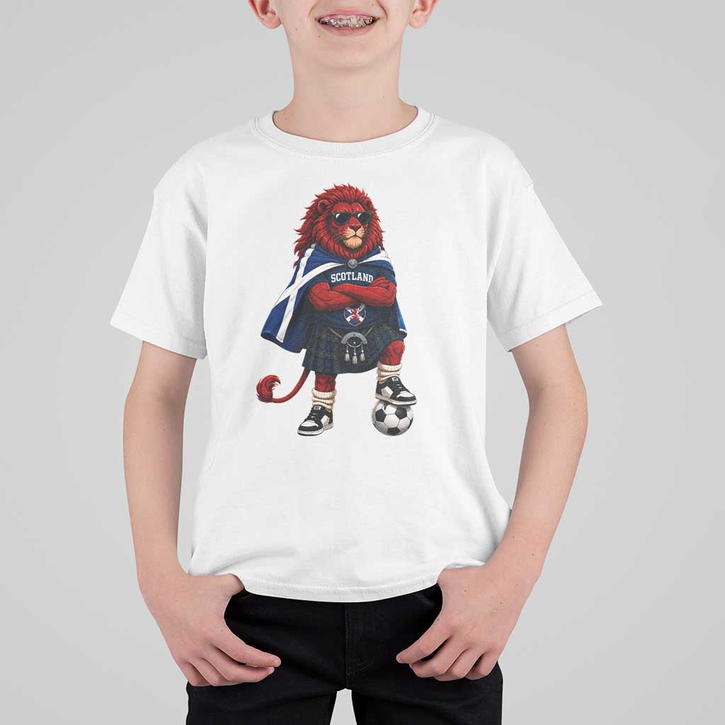 Scotland Rampant Lion Soccer Fan T Shirt For Kid Scottish Pride Red Lion in Kilt with Sunglasses Football