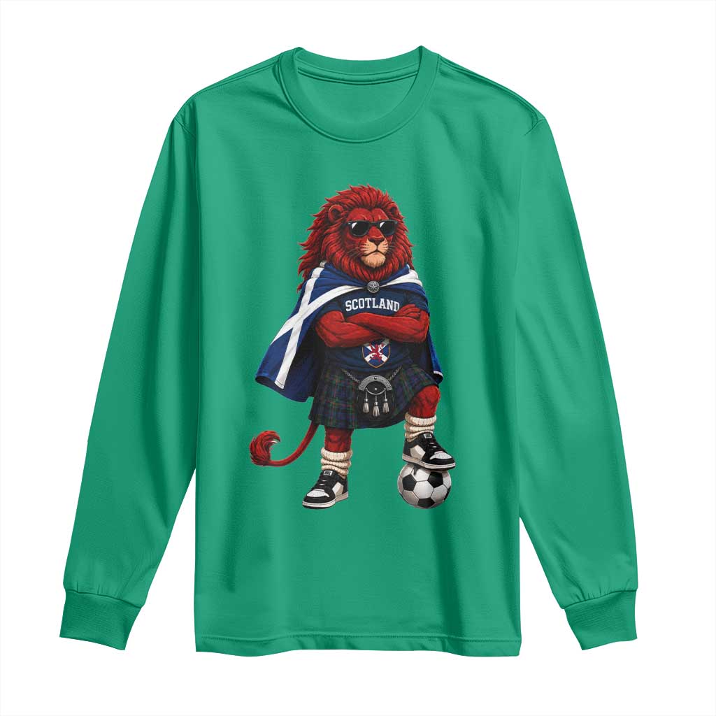 Scotland Rampant Lion Soccer Fan Long Sleeve Shirt Scottish Pride Red Lion in Kilt with Sunglasses Football