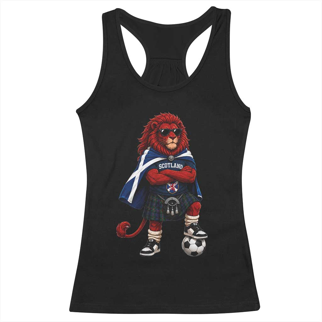 Scotland Rampant Lion Soccer Fan Racerback Tank Top Scottish Pride Red Lion in Kilt with Sunglasses Football