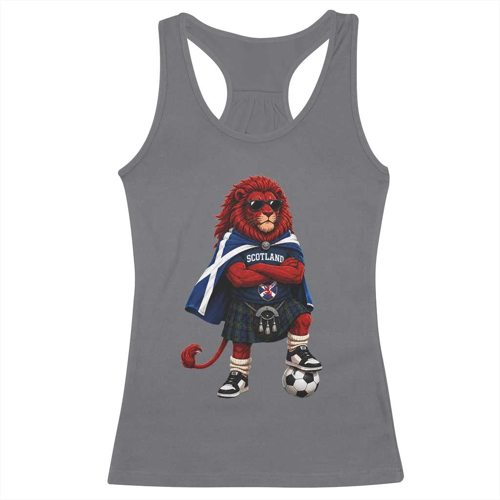 Scotland Rampant Lion Soccer Fan Racerback Tank Top Scottish Pride Red Lion in Kilt with Sunglasses Football