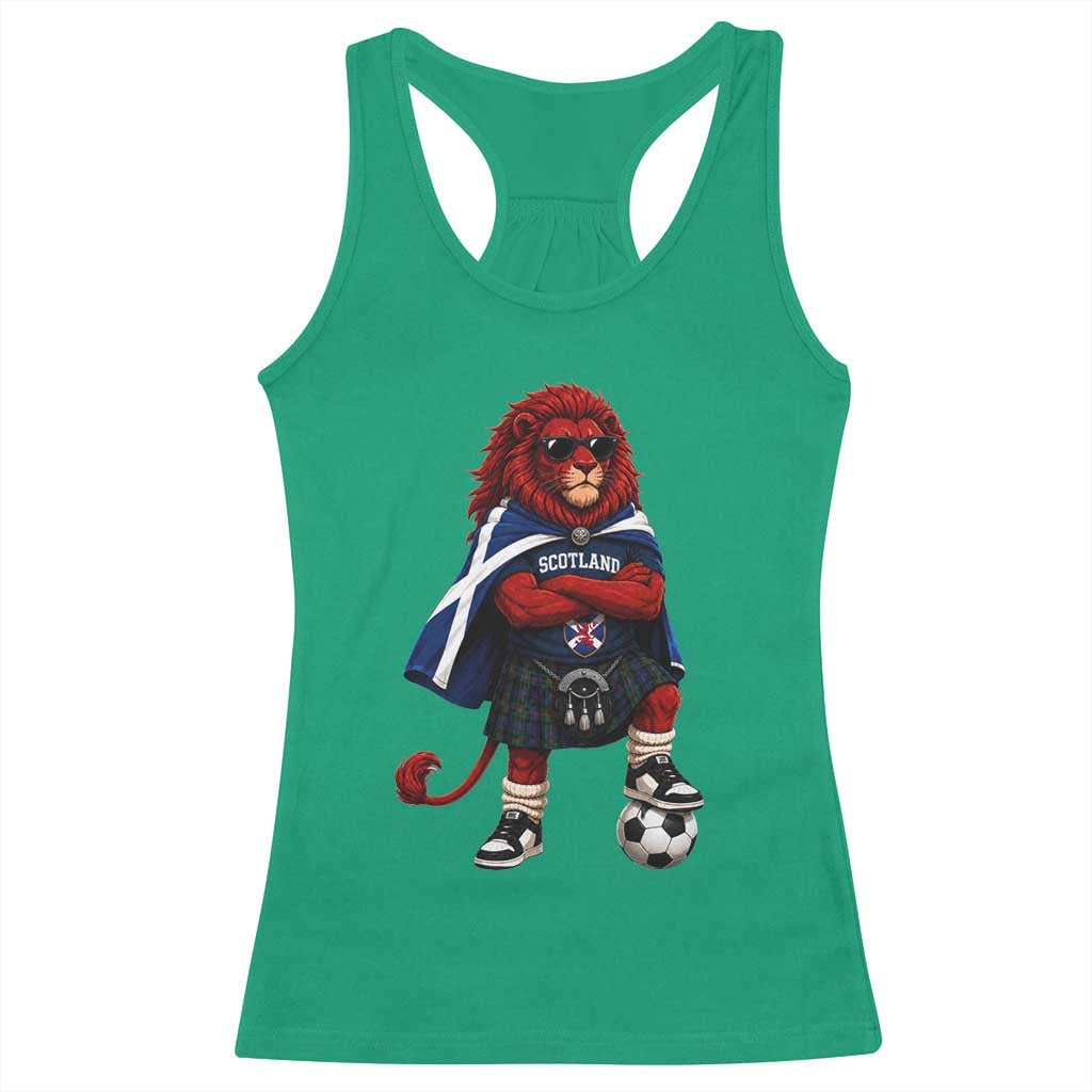 Scotland Rampant Lion Soccer Fan Racerback Tank Top Scottish Pride Red Lion in Kilt with Sunglasses Football