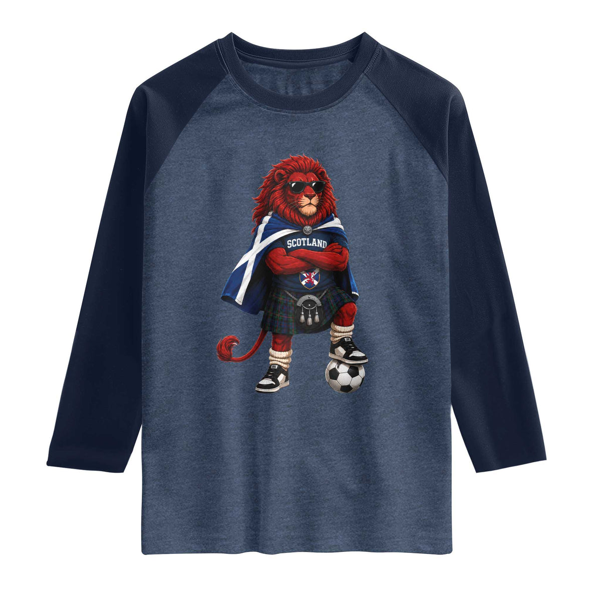 Scotland Rampant Lion Soccer Fan Raglan Shirt Scottish Pride Red Lion in Kilt with Sunglasses Football
