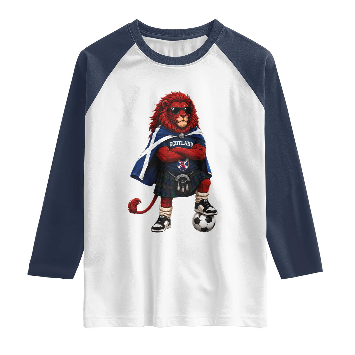 Scotland Rampant Lion Soccer Fan Raglan Shirt Scottish Pride Red Lion in Kilt with Sunglasses Football