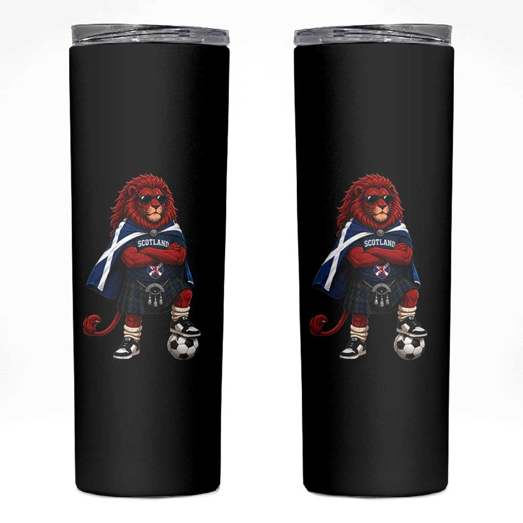 Scotland Rampant Lion Soccer Fan Skinny Tumbler Scottish Pride Red Lion in Kilt with Sunglasses Football