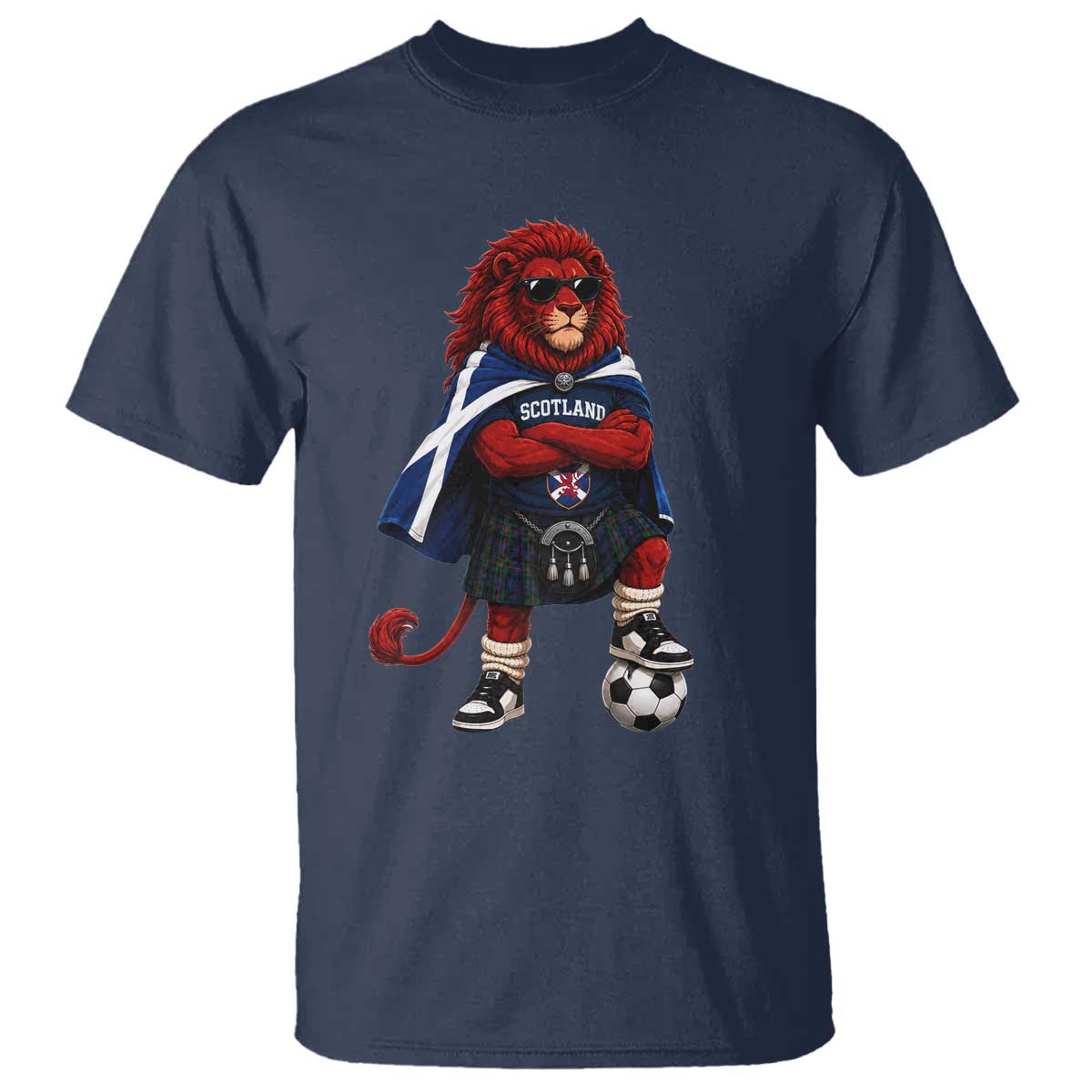 Scotland Rampant Lion Soccer Fan T Shirt Scottish Pride Red Lion in Kilt with Sunglasses Football