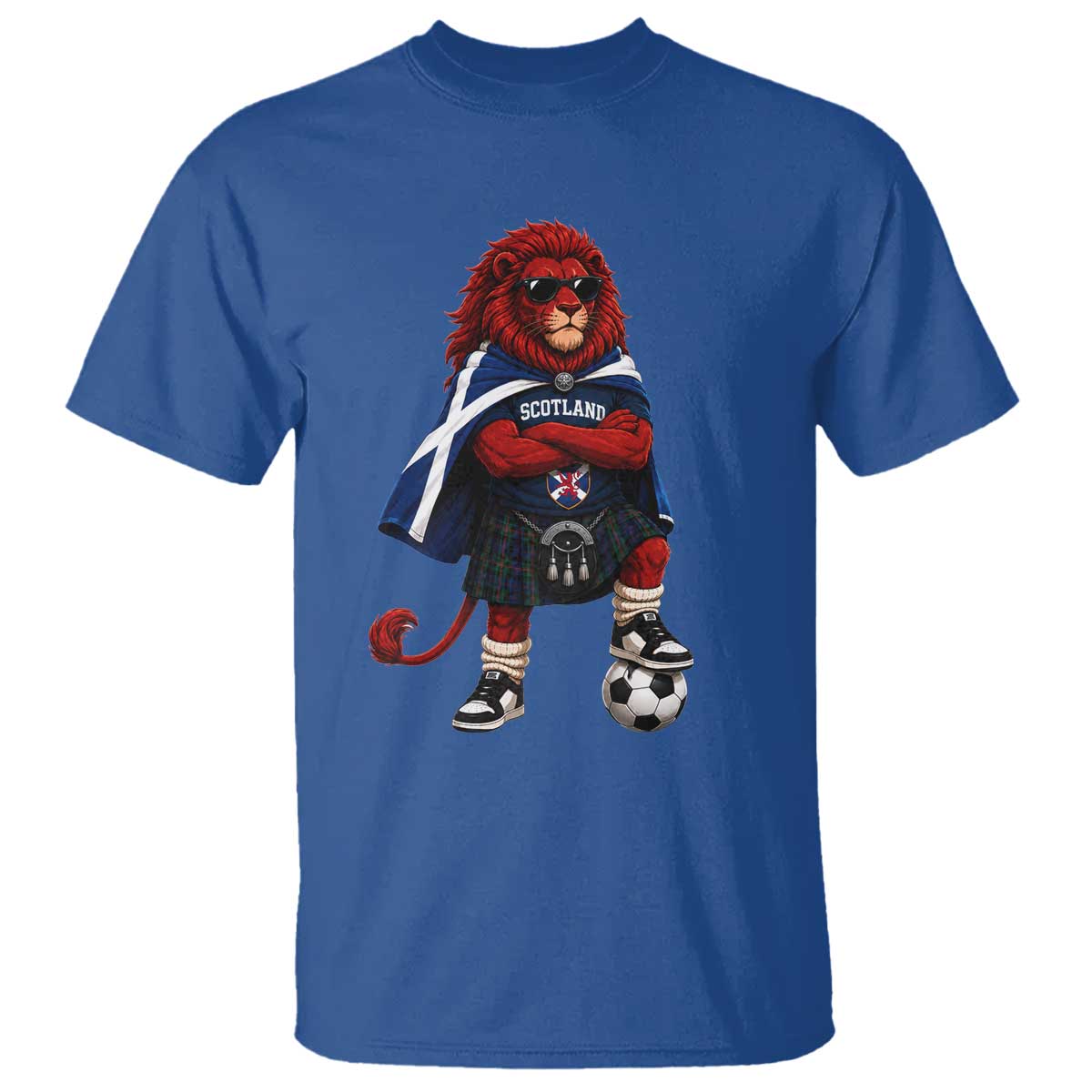 Scotland Rampant Lion Soccer Fan T Shirt Scottish Pride Red Lion in Kilt with Sunglasses Football