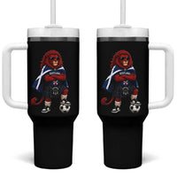 Scotland Rampant Lion Soccer Fan Tumbler With Handle Scottish Pride Red Lion in Kilt with Sunglasses Football