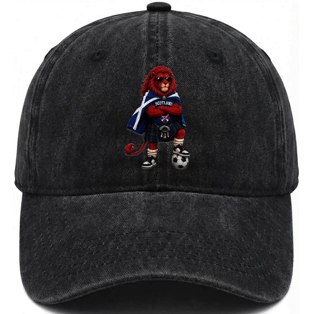 Scotland Rampant Lion Soccer Fan Washed Cotton Baseball Cap Scottish Pride Red Lion in Kilt with Sunglasses Football