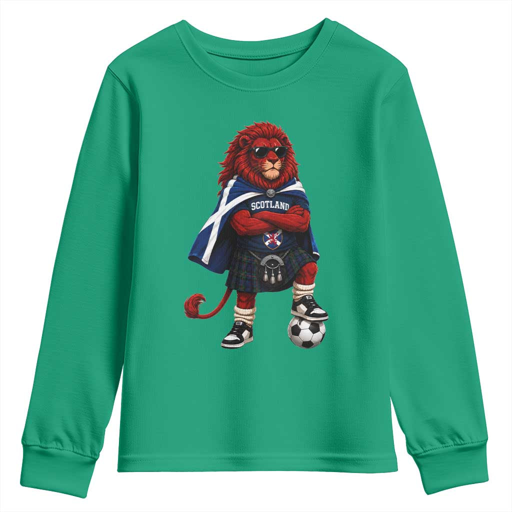 Scotland Rampant Lion Soccer Fan Youth Sweatshirt Scottish Pride Red Lion in Kilt with Sunglasses Football