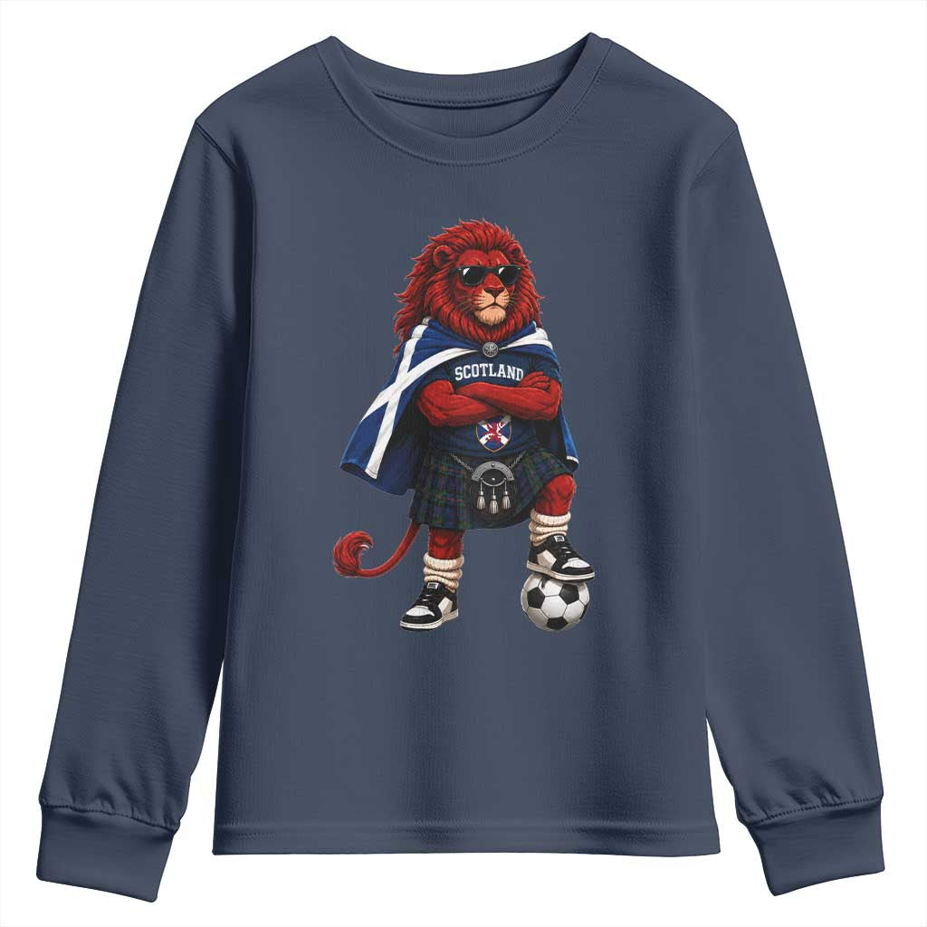 Scotland Rampant Lion Soccer Fan Youth Sweatshirt Scottish Pride Red Lion in Kilt with Sunglasses Football