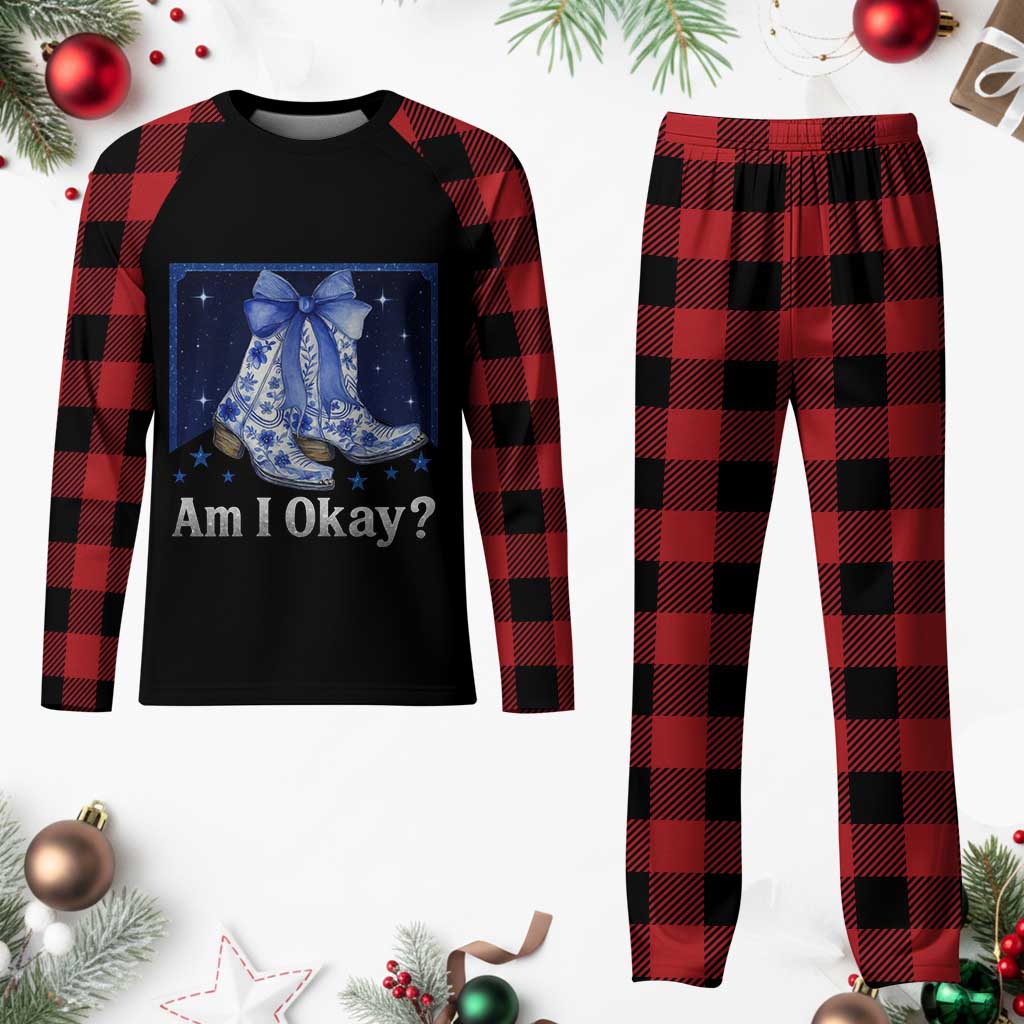 Am I Okay Plaid Pajama Set Boot Cowgirl Coquette Bow - Wonder Print Shop