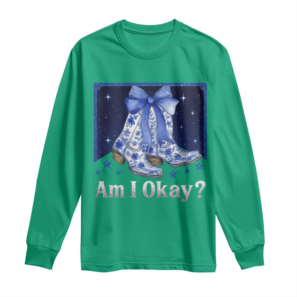 Am I Okay Long Sleeve Shirt Boot Cowgirl Coquette Bow - Wonder Print Shop