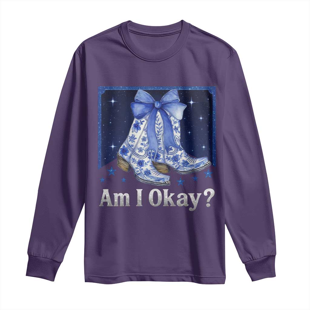 Am I Okay Long Sleeve Shirt Boot Cowgirl Coquette Bow - Wonder Print Shop
