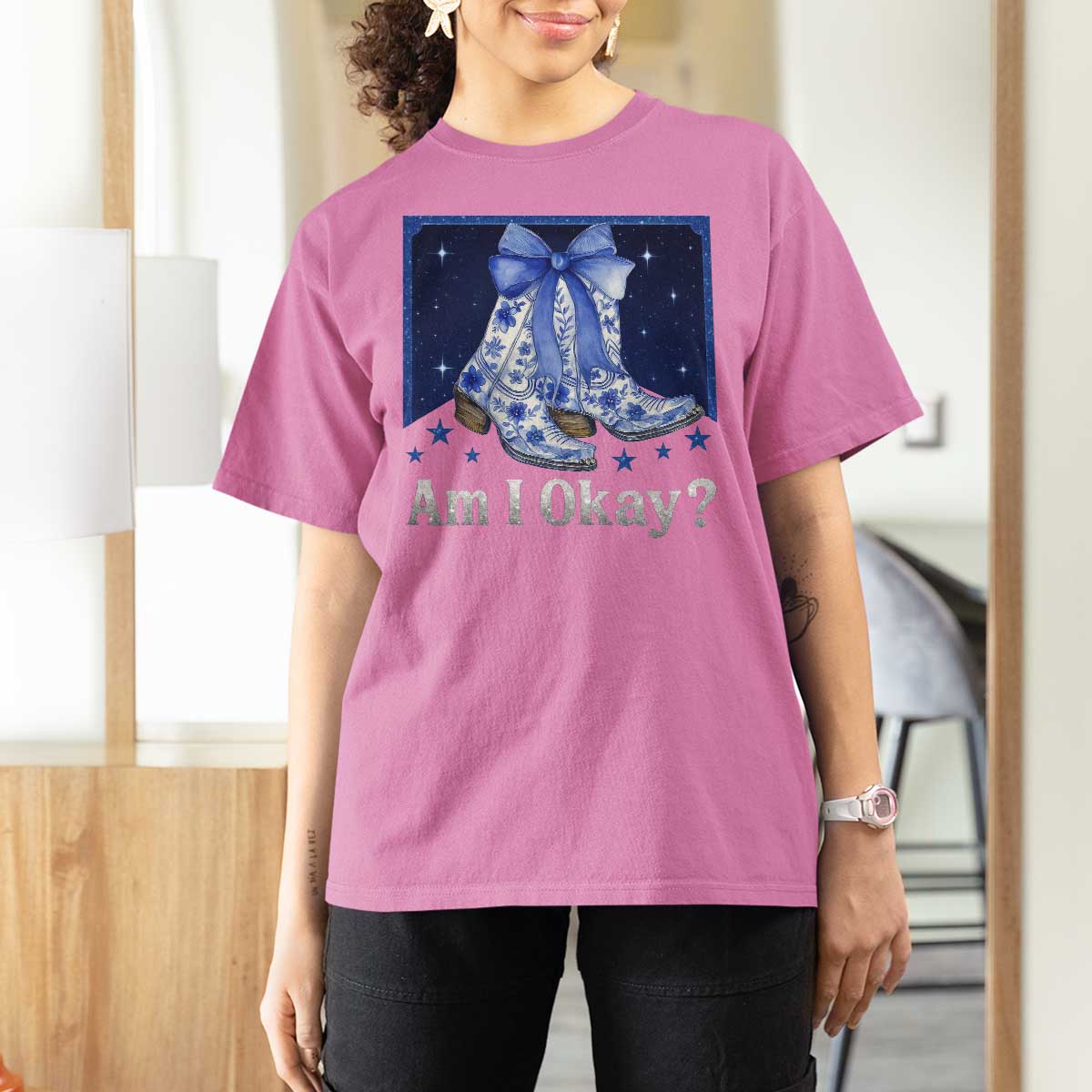 Am I Okay T Shirt For Women Boot Cowgirl Coquette Bow - Wonder Print Shop