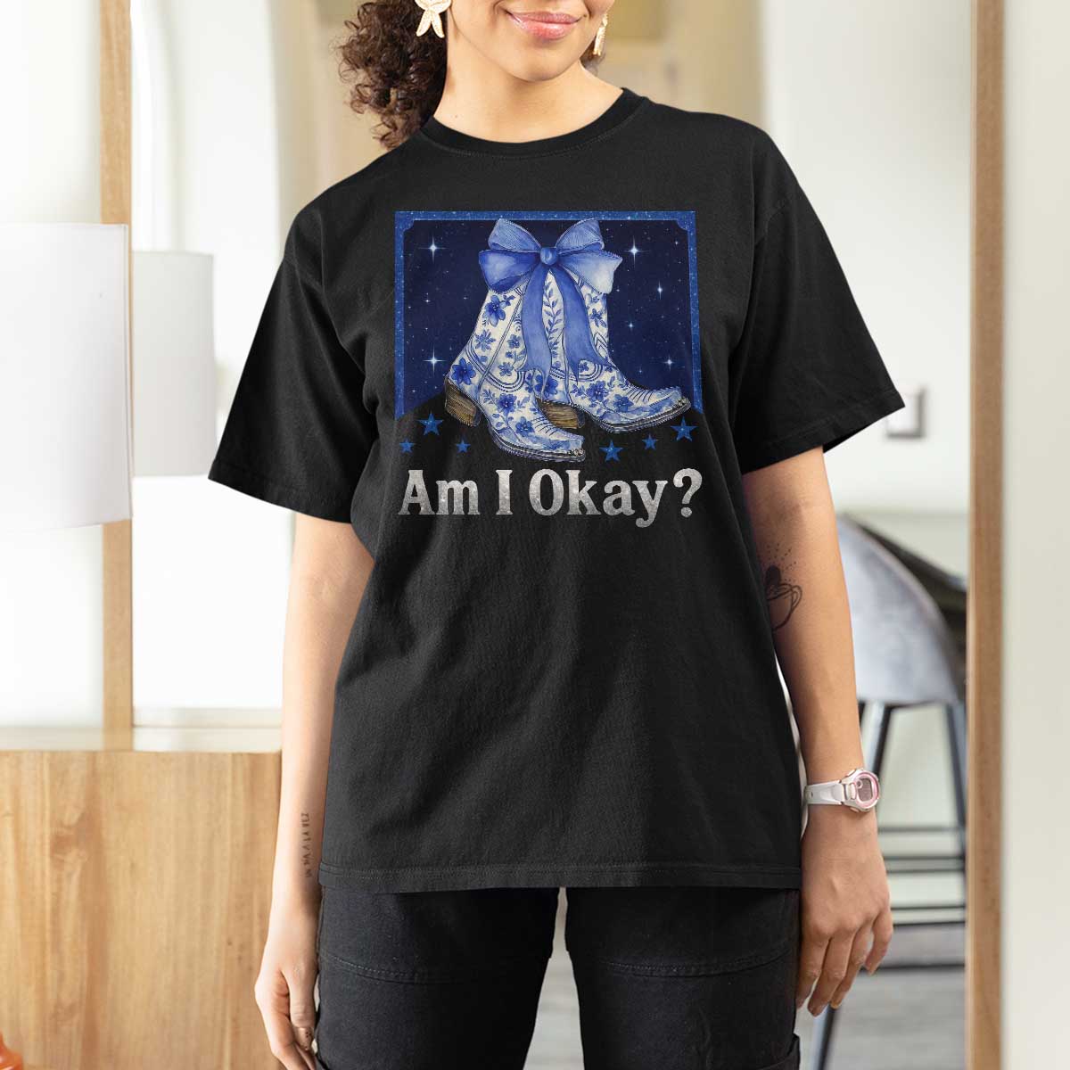 Am I Okay T Shirt For Women Boot Cowgirl Coquette Bow - Wonder Print Shop