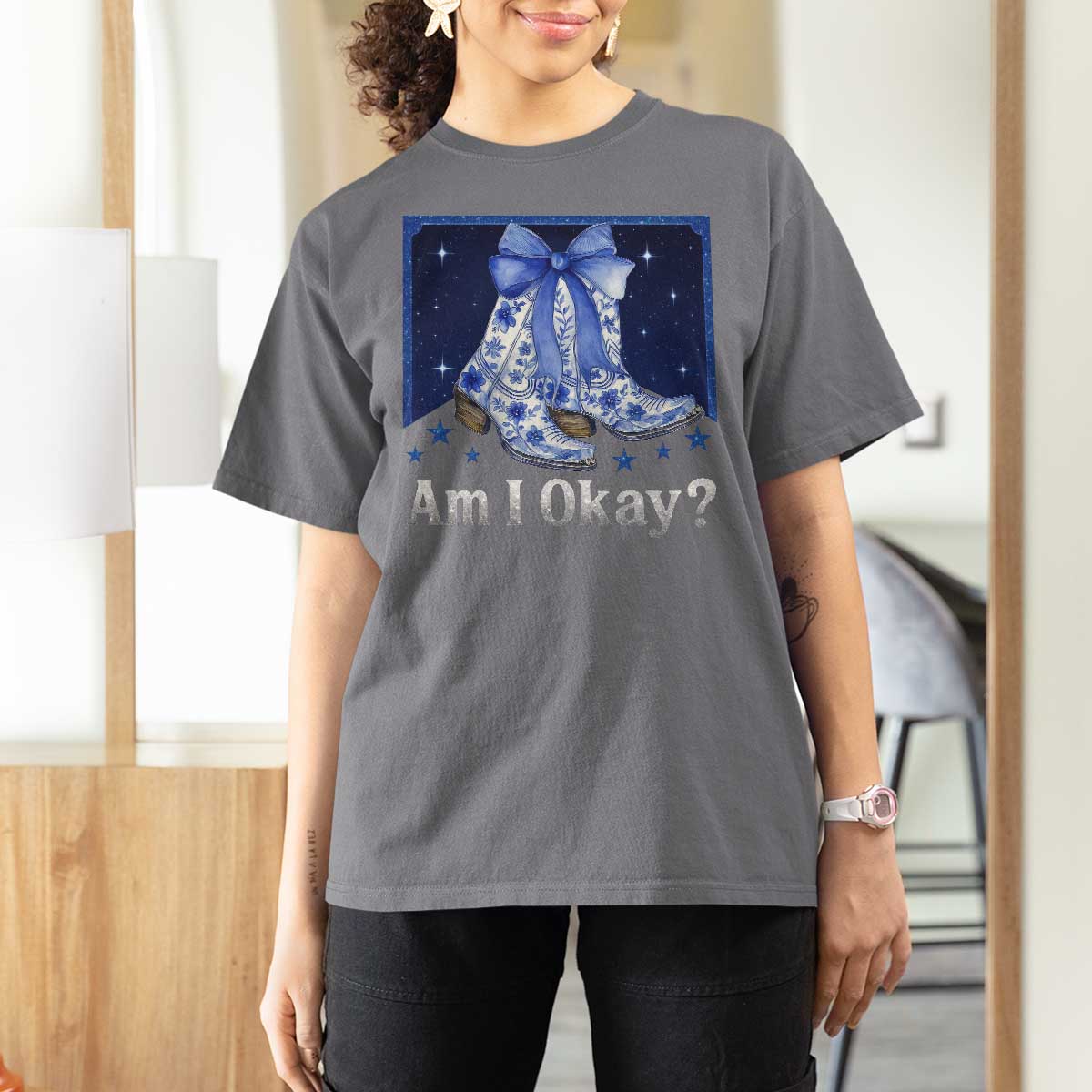 Am I Okay T Shirt For Women Boot Cowgirl Coquette Bow - Wonder Print Shop