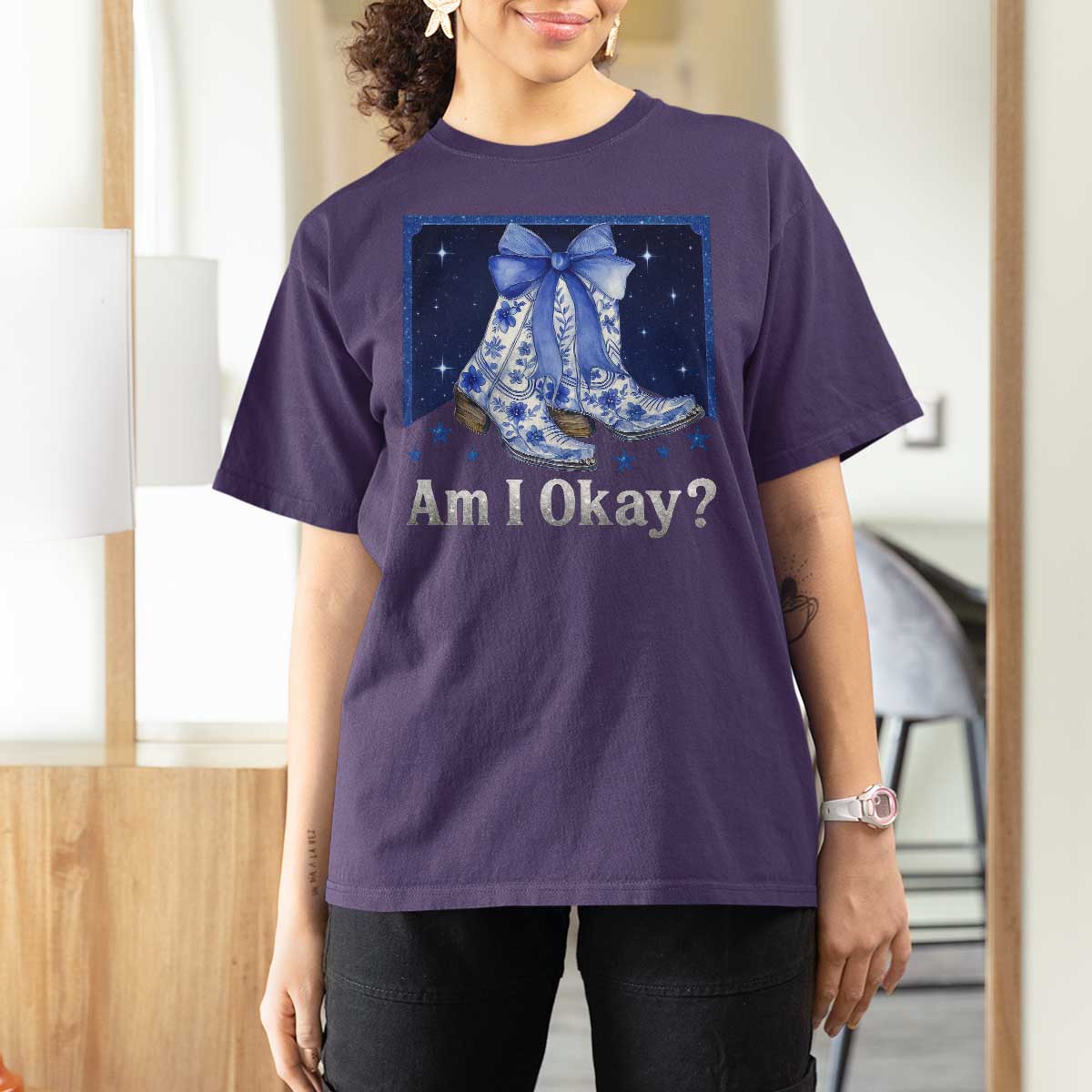Am I Okay T Shirt For Women Boot Cowgirl Coquette Bow - Wonder Print Shop