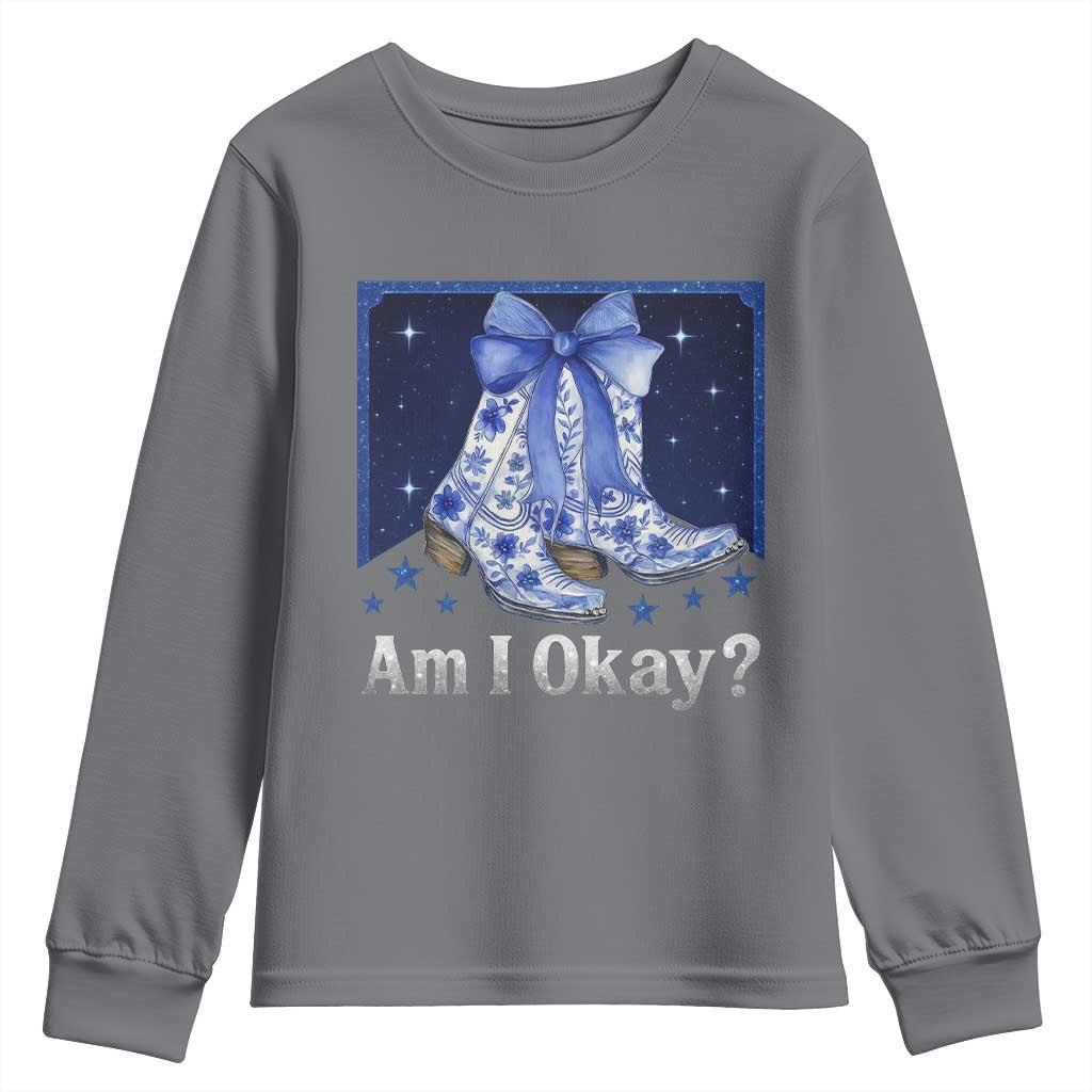 Am I Okay Youth Sweatshirt Boot Cowgirl Coquette Bow - Wonder Print Shop