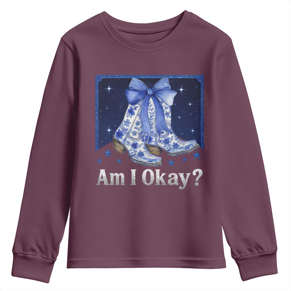 Am I Okay Youth Sweatshirt Boot Cowgirl Coquette Bow - Wonder Print Shop