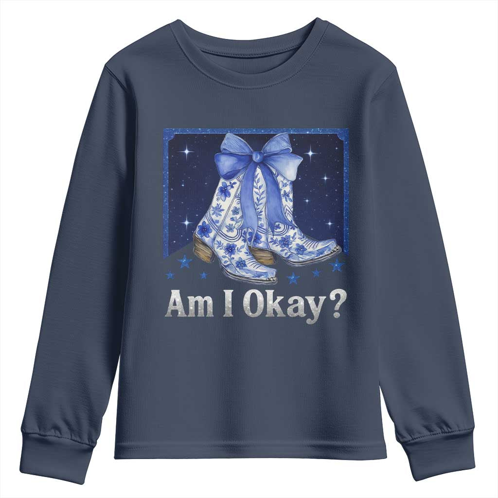 Am I Okay Youth Sweatshirt Boot Cowgirl Coquette Bow - Wonder Print Shop