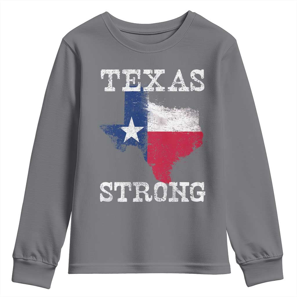 Strong Texas Youth Sweatshirt Distressed Flag Texan Pride Flood Relief Disaster - Wonder Print Shop
