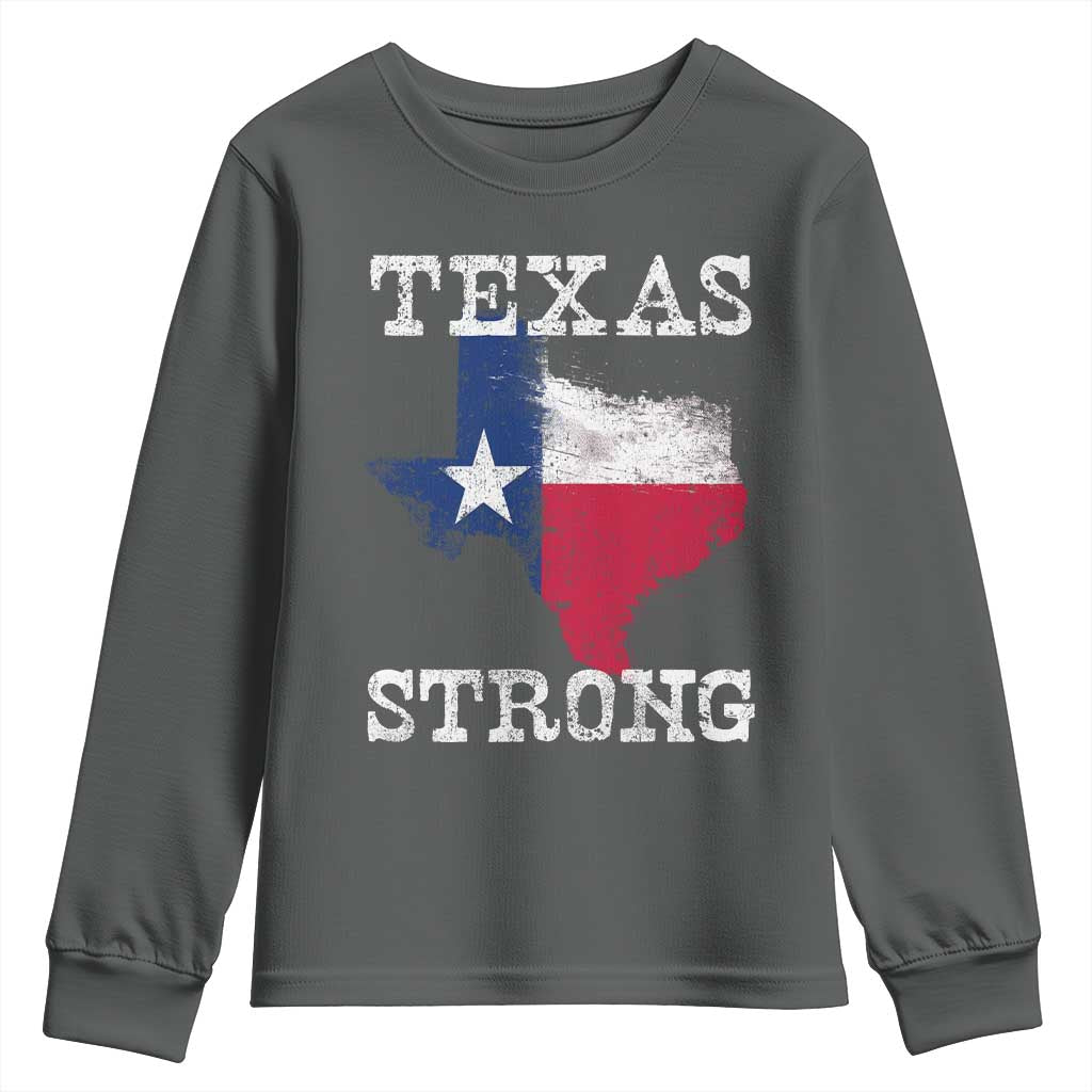 Strong Texas Youth Sweatshirt Distressed Flag Texan Pride Flood Relief Disaster - Wonder Print Shop
