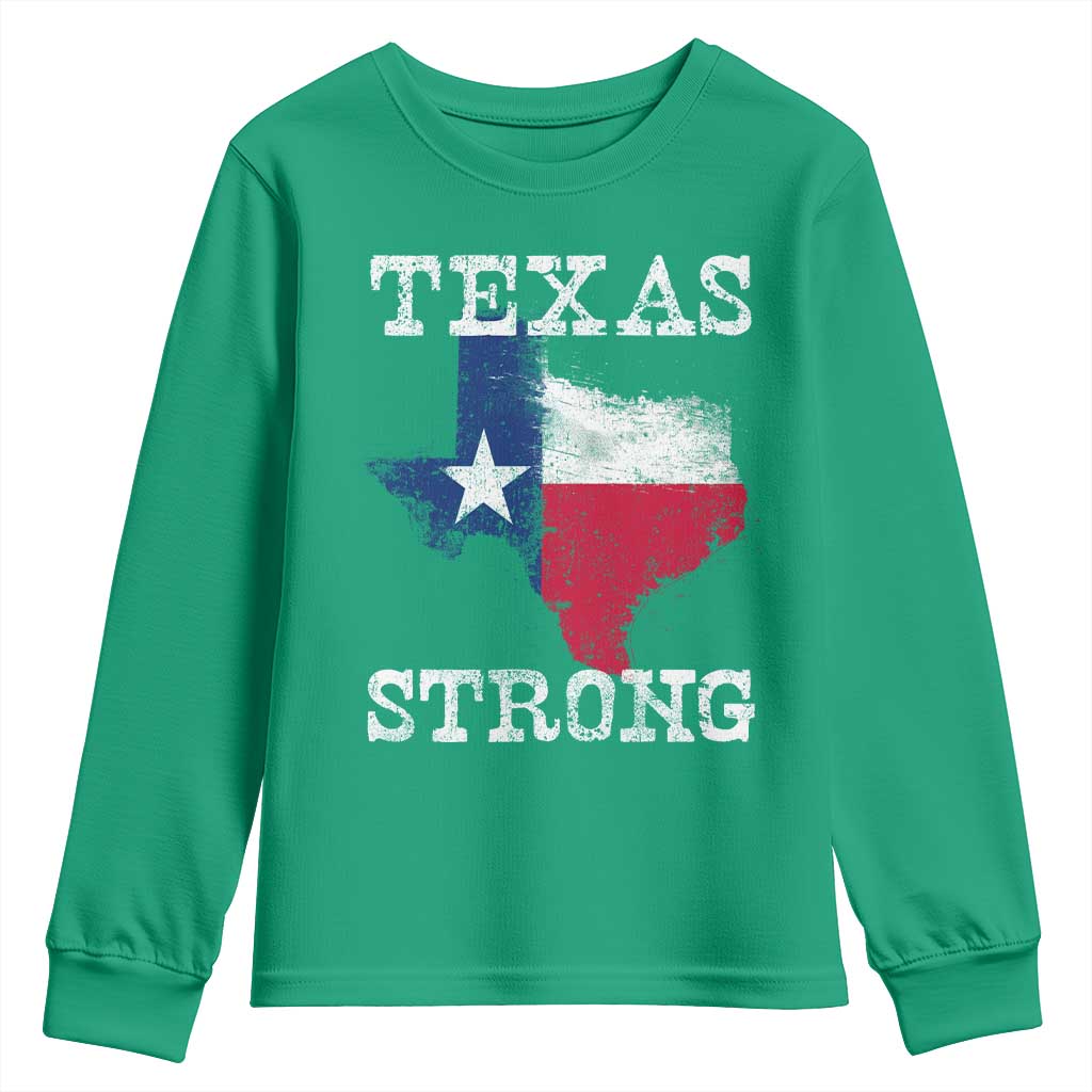Strong Texas Youth Sweatshirt Distressed Flag Texan Pride Flood Relief Disaster - Wonder Print Shop
