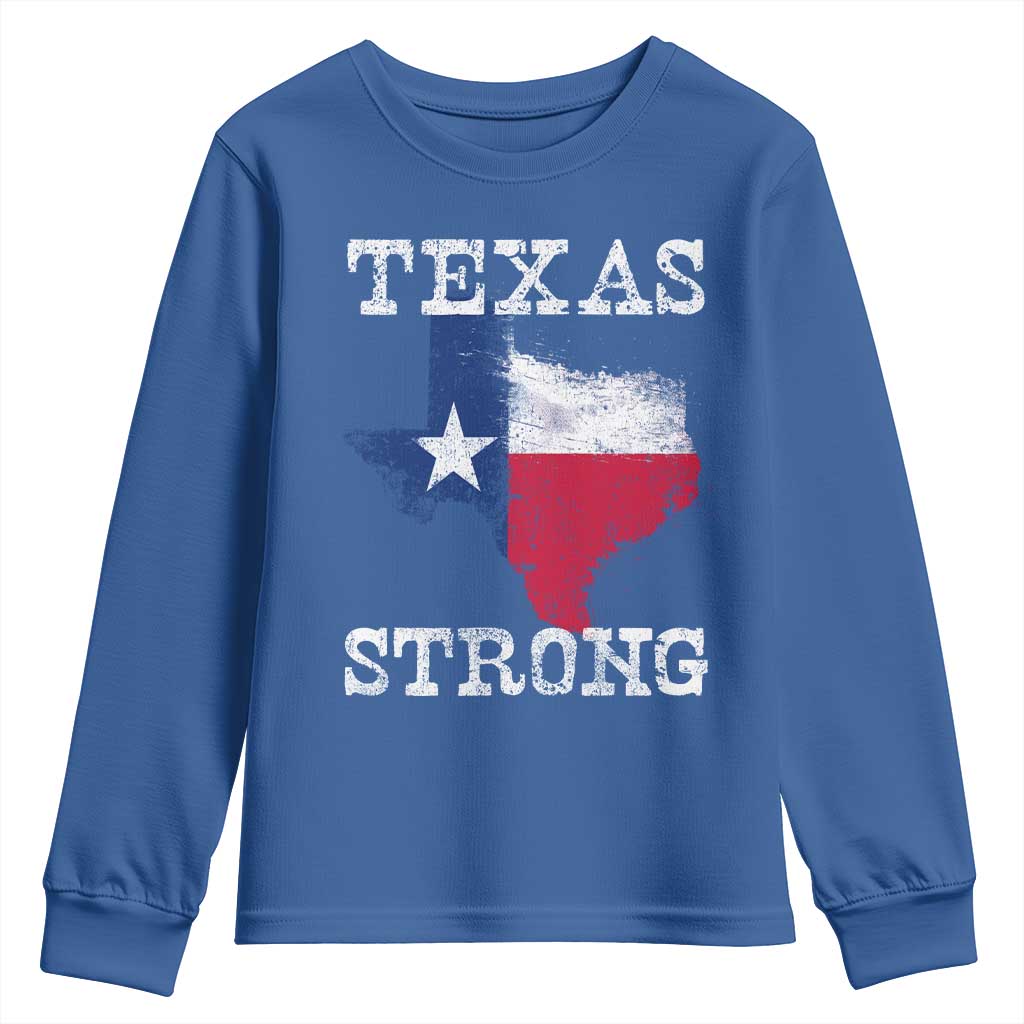 Strong Texas Youth Sweatshirt Distressed Flag Texan Pride Flood Relief Disaster - Wonder Print Shop