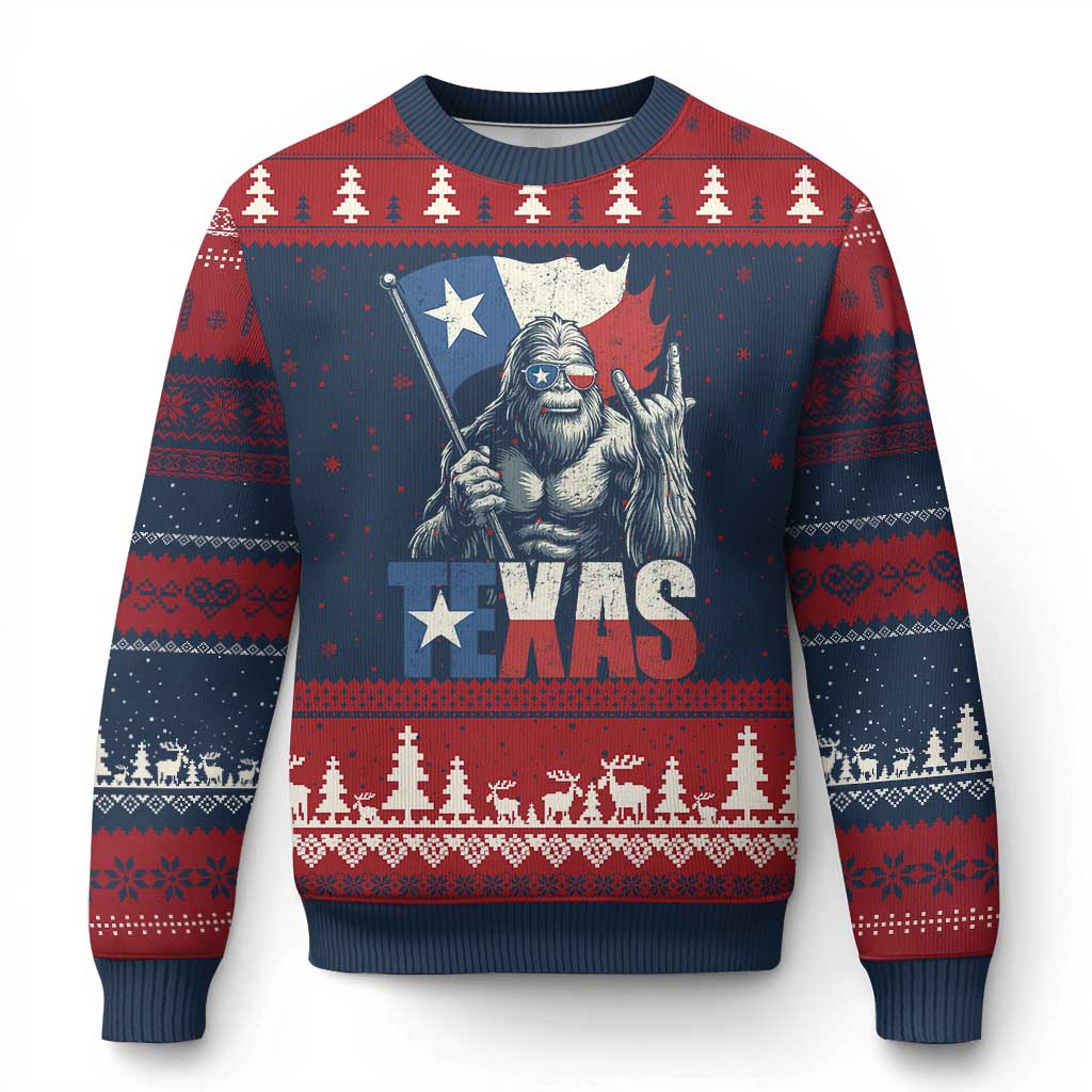 Bigfoot Texas Ugly Christmas Sweater Sasquatch Loves Rock On Hand Texan Texas Flag - Wonder Print Shop