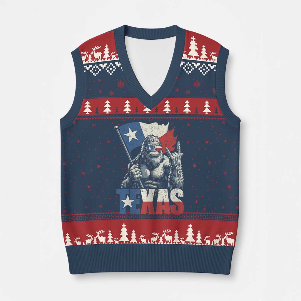 Bigfoot Texas V-Neck Knit Sweater Vest Sasquatch Loves Rock On Hand Texan Texas Flag - Wonder Print Shop