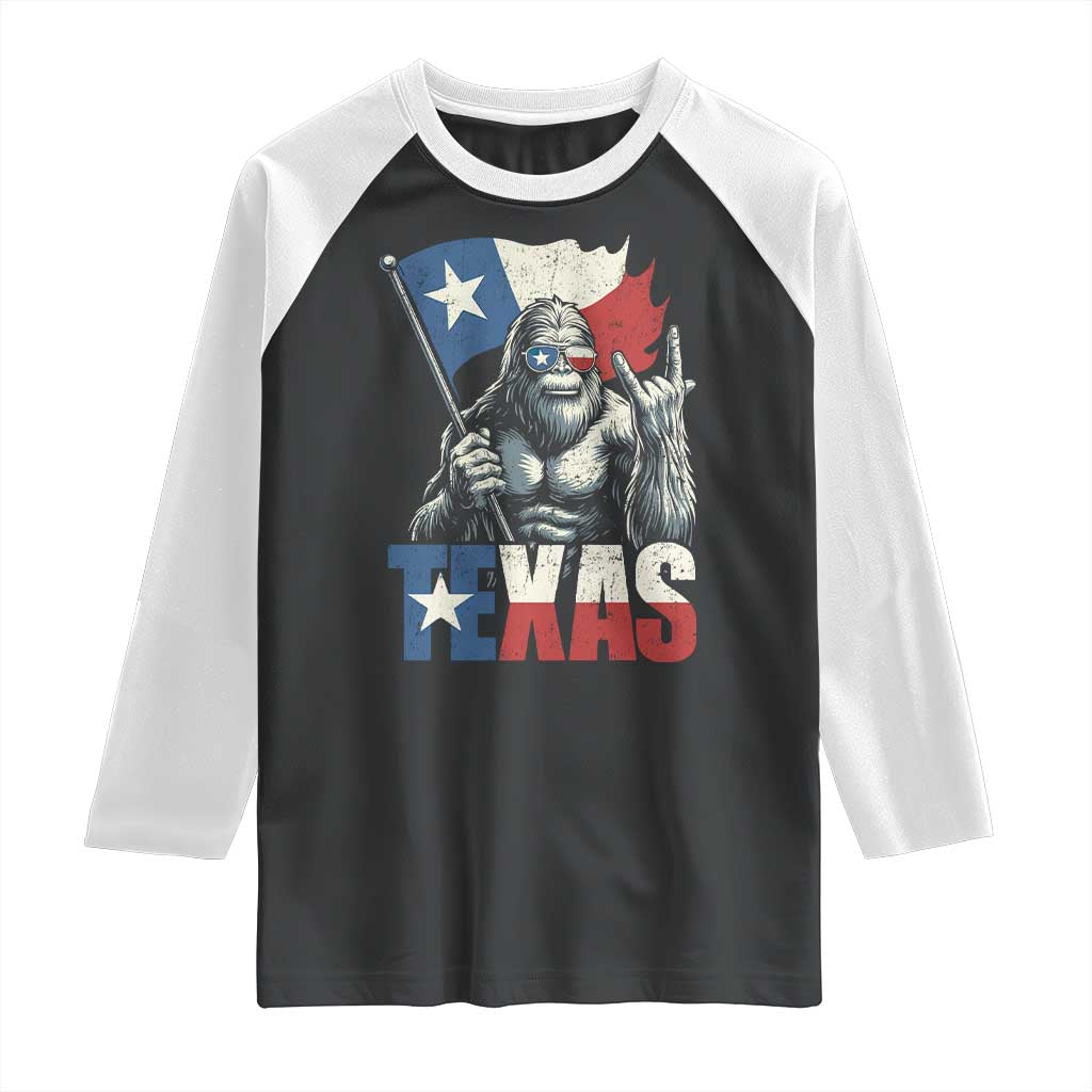 Bigfoot Texas Raglan Shirt Sasquatch Loves Rock On Hand Texan Texas Flag - Wonder Print Shop