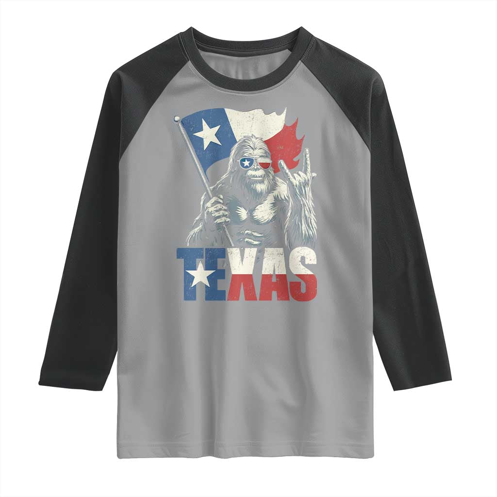 Bigfoot Texas Raglan Shirt Sasquatch Loves Rock On Hand Texan Texas Flag - Wonder Print Shop