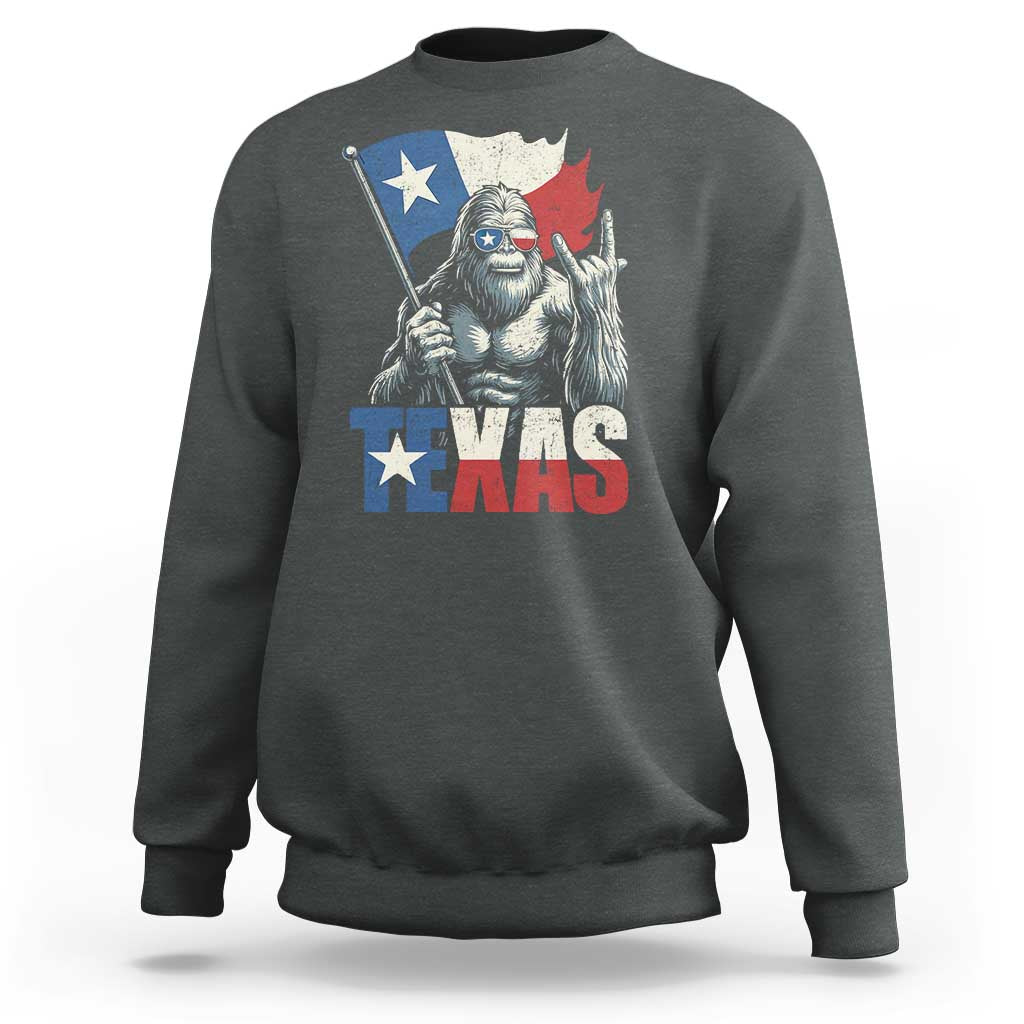 Bigfoot Texas Sweatshirt Sasquatch Loves Rock On Hand Texan Texas Flag - Wonder Print Shop