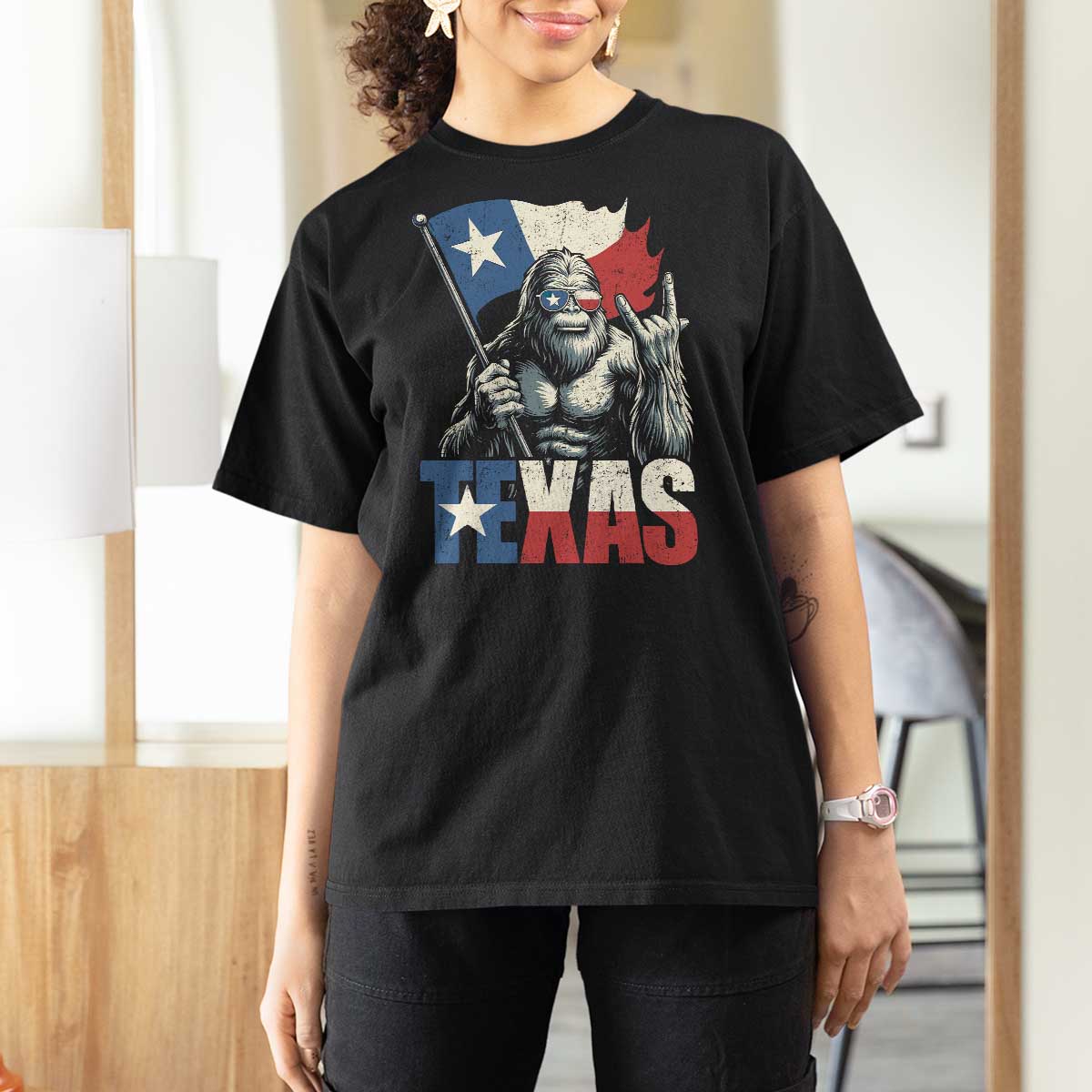 Bigfoot Texas T Shirt For Women Sasquatch Loves Rock On Hand Texan Texas Flag - Wonder Print Shop