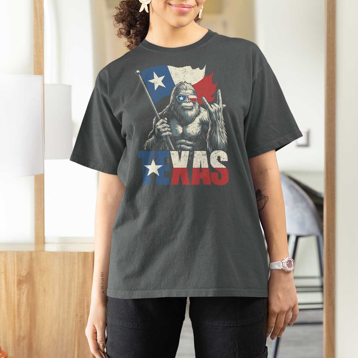 Bigfoot Texas T Shirt For Women Sasquatch Loves Rock On Hand Texan Texas Flag - Wonder Print Shop