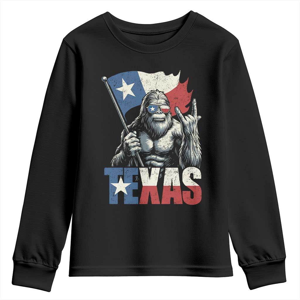 Bigfoot Texas Youth Sweatshirt Sasquatch Loves Rock On Hand Texan Texas Flag - Wonder Print Shop