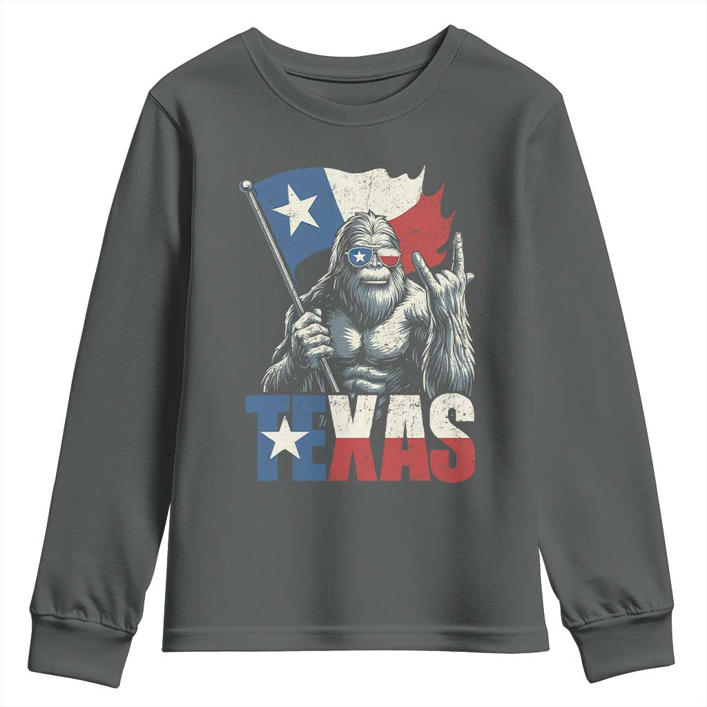 Bigfoot Texas Youth Sweatshirt Sasquatch Loves Rock On Hand Texan Texas Flag - Wonder Print Shop